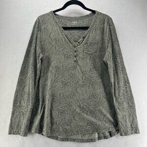 Ruff Hewn Top Womens Size M Floral Paisley Henley V-Neck Long Sleeve Cotton Gray